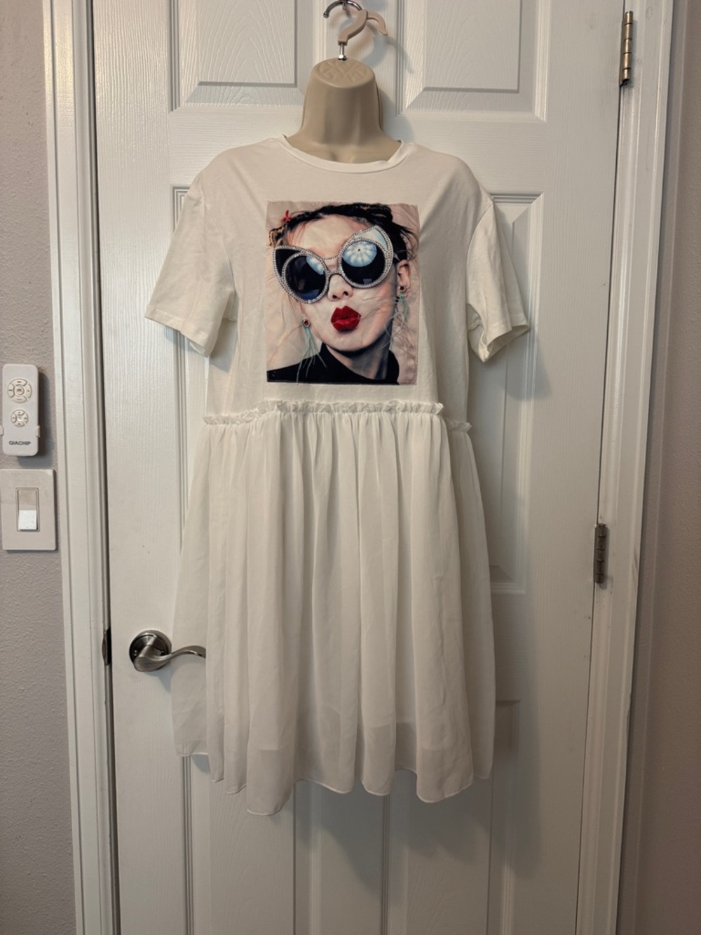White Graphic Tee Dress with Chiffon Skirt NWT